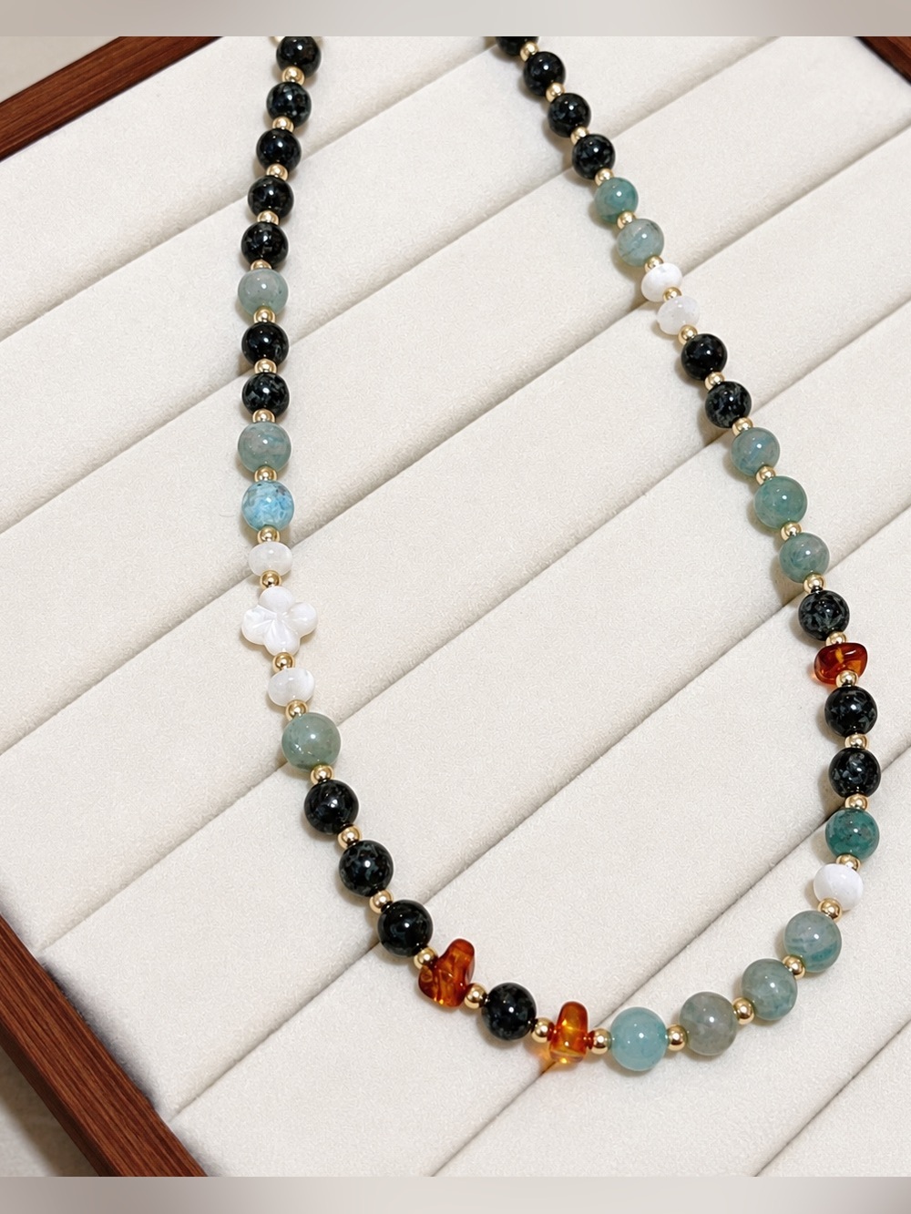 Handmade Crocodile Jasper，Amazonite Amber Shell Beads Natural Gemstone Necklace